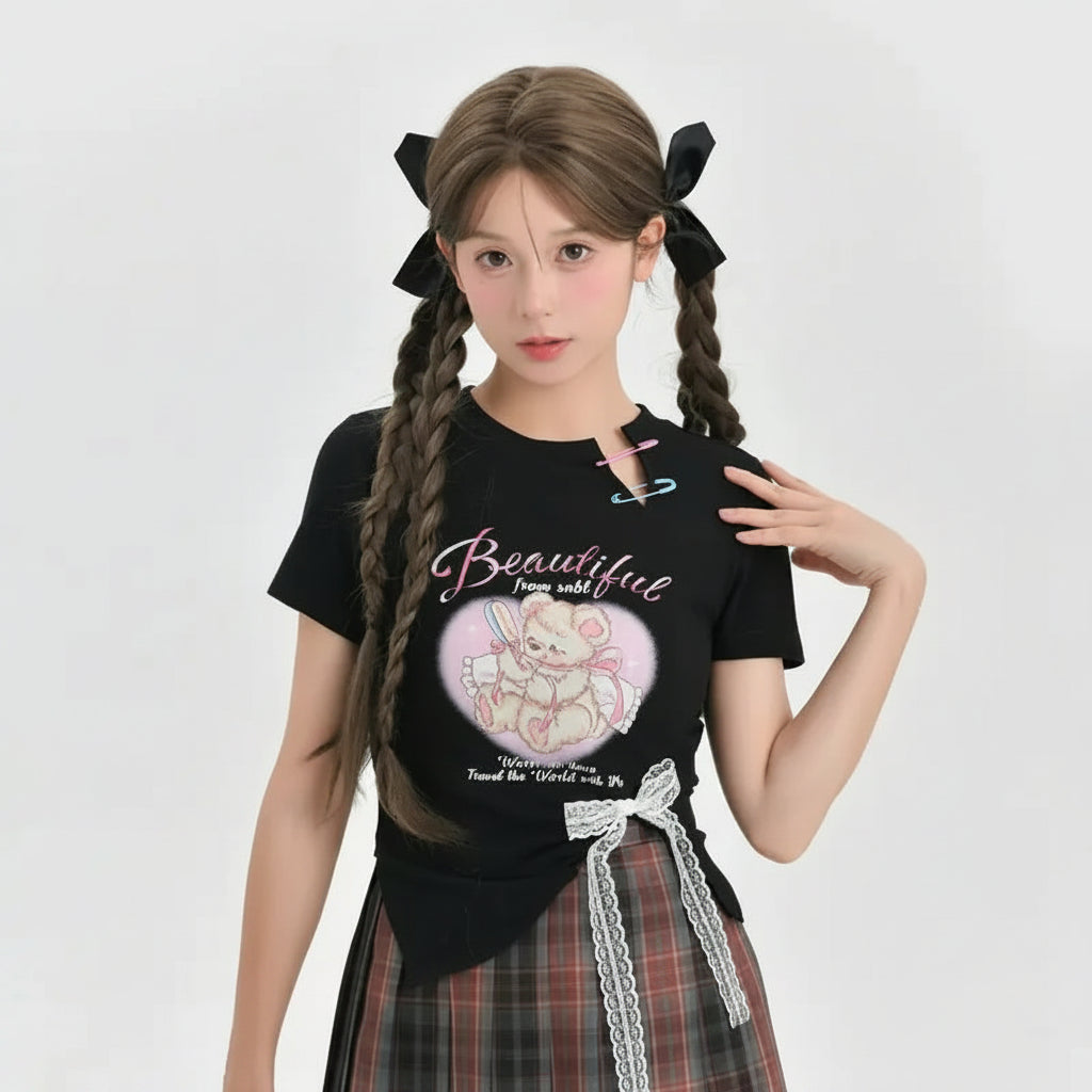Sweetheart Bear Printed Soft Girl Slimming Crop Top Women - Vusy Kawaii Shop
