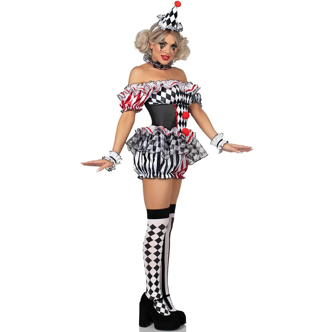 Harlequin clown costume with cone hat and red heart balloons, model wearing