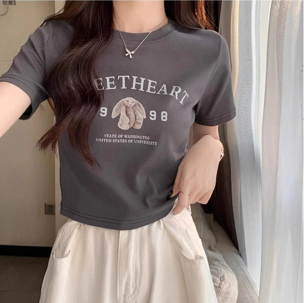 Korean Oversized Cotton T-Shirt Pink Letter Print Summer - Vusy Kawaii Shop
