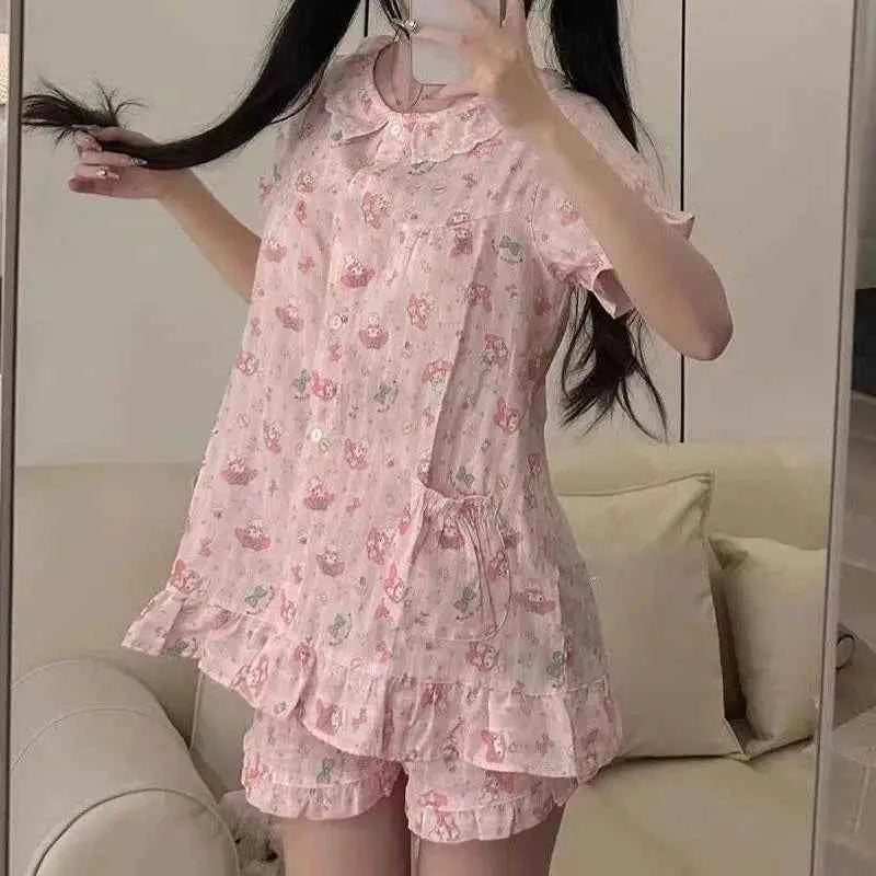 2Pcs Sanrioed My Melody Cute Sweet Pajamas Suit Kawaii Home Clothes Women Short Sleeve Tops Shirt Shorts Summer Girl Sleepwear