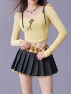Long Sleeve Square Collar Slim Two-Piece Set Design Pleated - Vusy Kawaii Shop