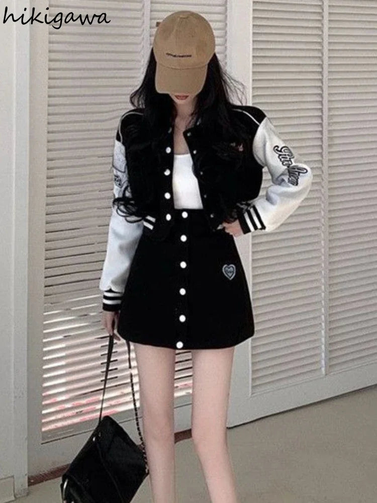 Fashion Two Piece Sets Outfits Letter Long Sleeve Crop Coat - Vusy Kawaii Shop