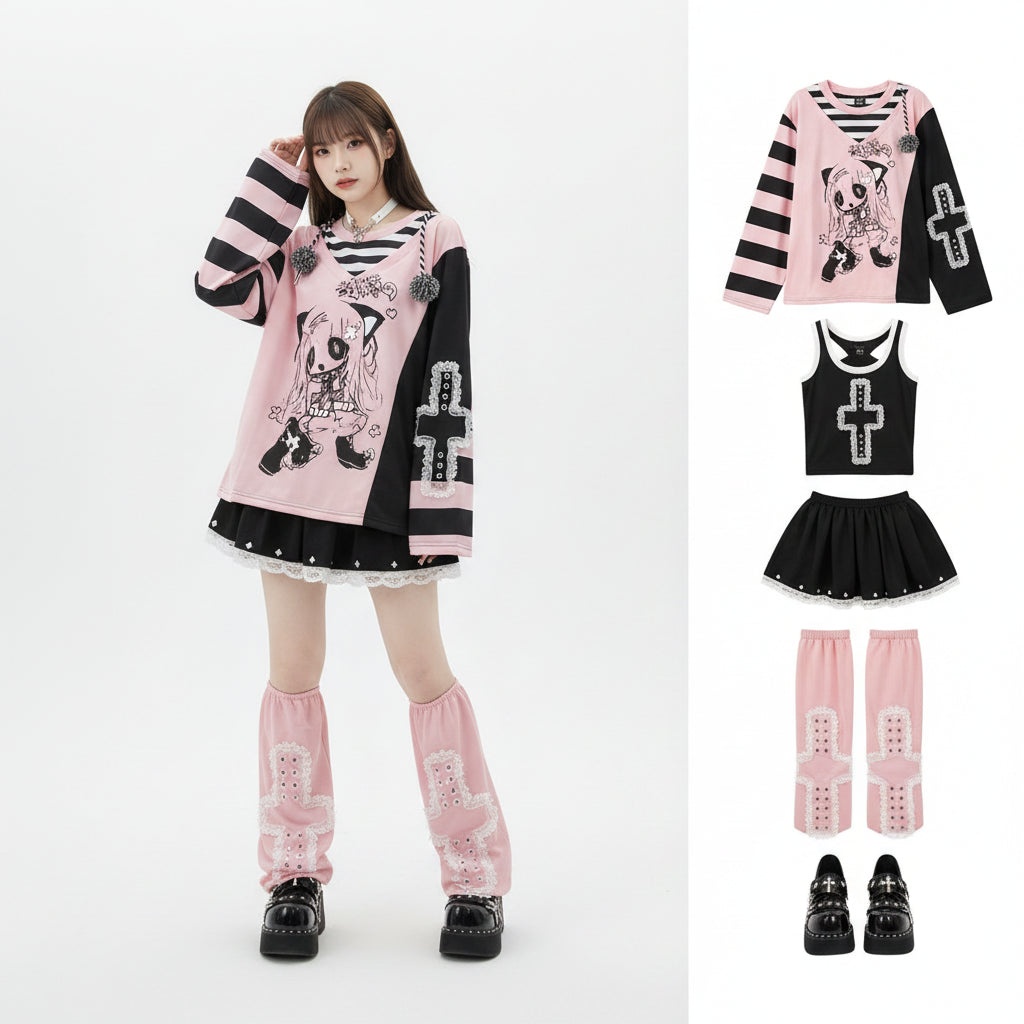Japanese Fashion Fake Two Pieces Cartoon Print T-shirts - Vusy Kawaii Shop