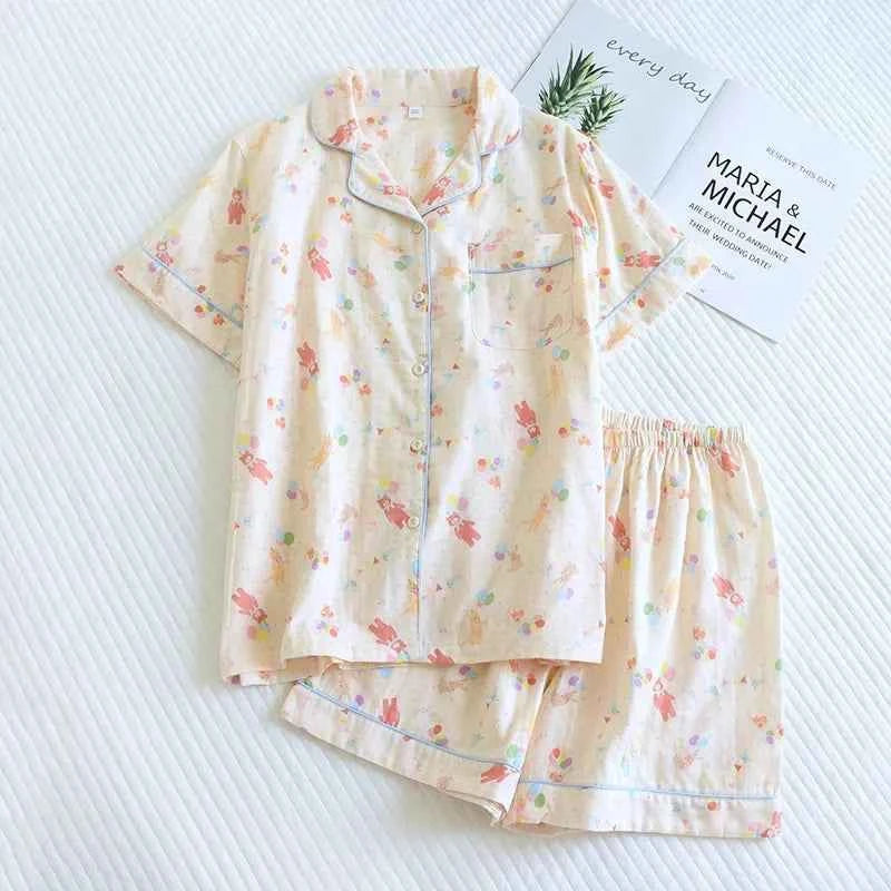 New 100% cotton short-sleeved shorts ladies pajamas set cute cartoon pajamas Japanese simple short pajamas women sleepwear