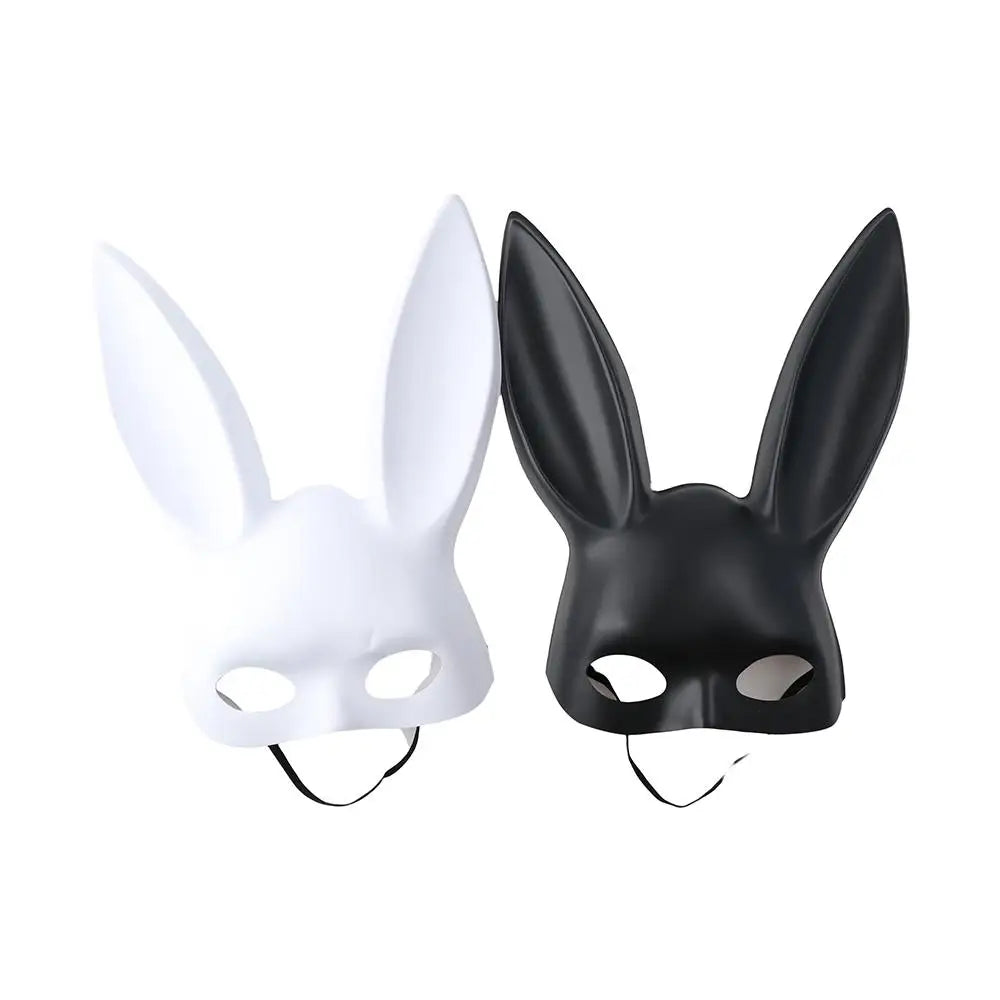 White and black matte bunny ear masks with elastic straps, front view