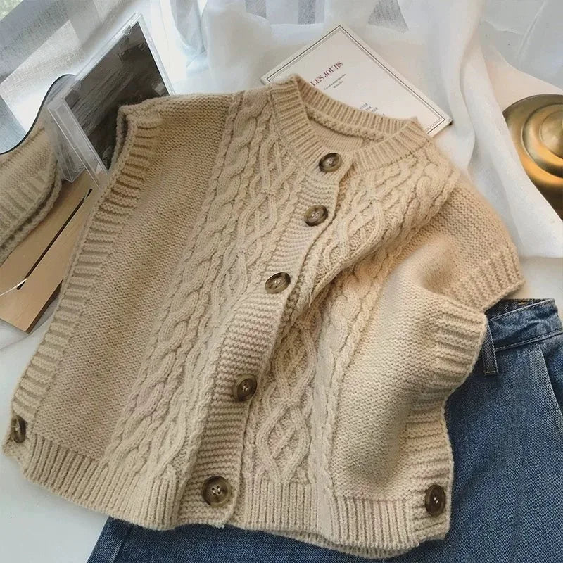 Cable Knit Sweater Vest Cozy Button-Up Sleeveless Crop Top - Vusy Kawaii Shop