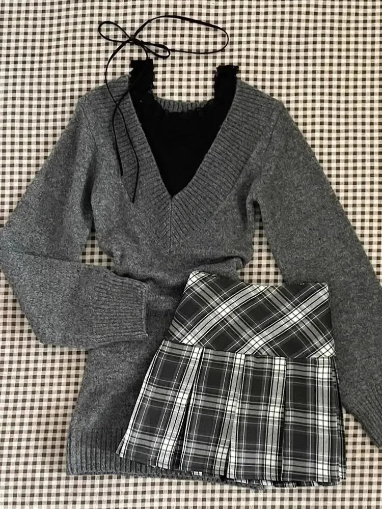 Knitted Suits Autumn Winter Woman V-Neck French Vintage Long - Vusy Kawaii Shop