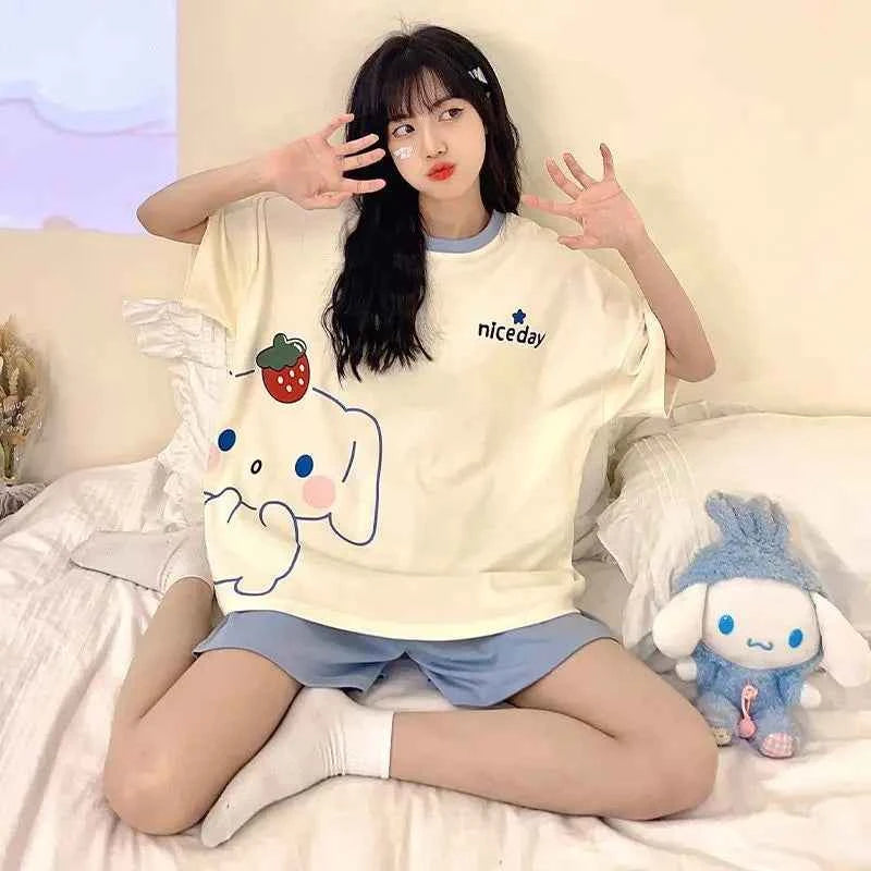 Anime Sanrioed Kuromi Pajamas Kawaii Cinnamoroll Loungewear Simple Fashion Cute Casual Loose Comfortable Soft Girls Set Gifts