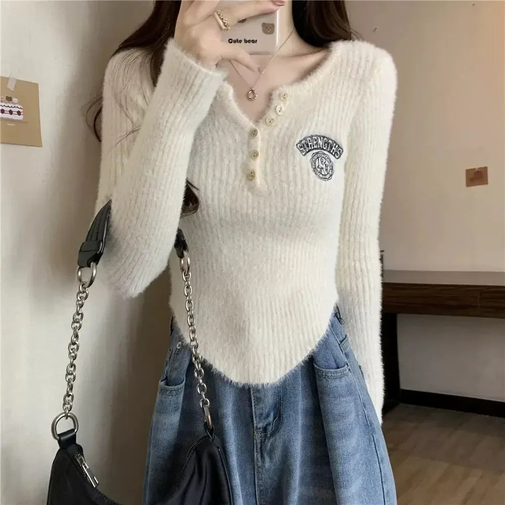 Mink Fur Soft Glutinous Embroidery V-Neck Knitted Sweater - Vusy Kawaii Shop