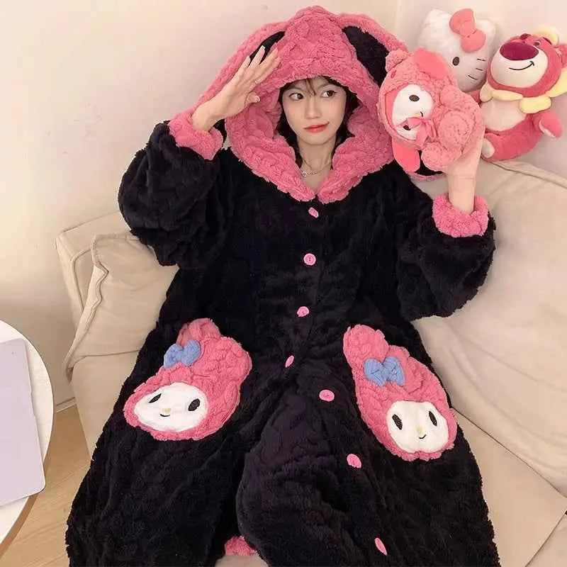 2Pcs Anime Sanrioed Pajamas Pants Women Kawaii My Melody Coral Fleece Pajamas Robe Winter Warm Female Flannel Cute Home Clothes