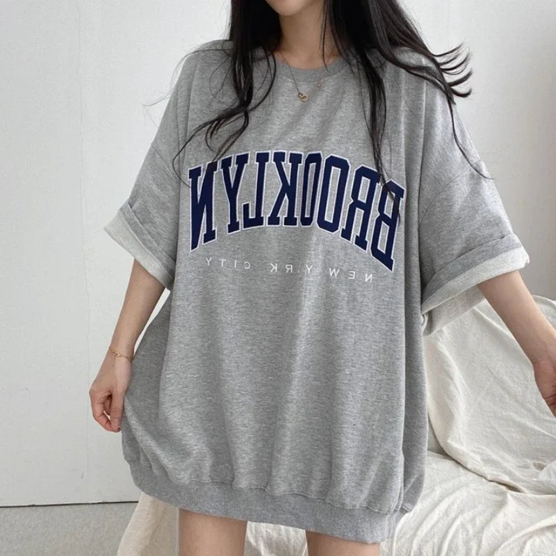 Letter Print Oversized T-Shirts Short Sleeve Korean Women - Vusy Kawaii Shop