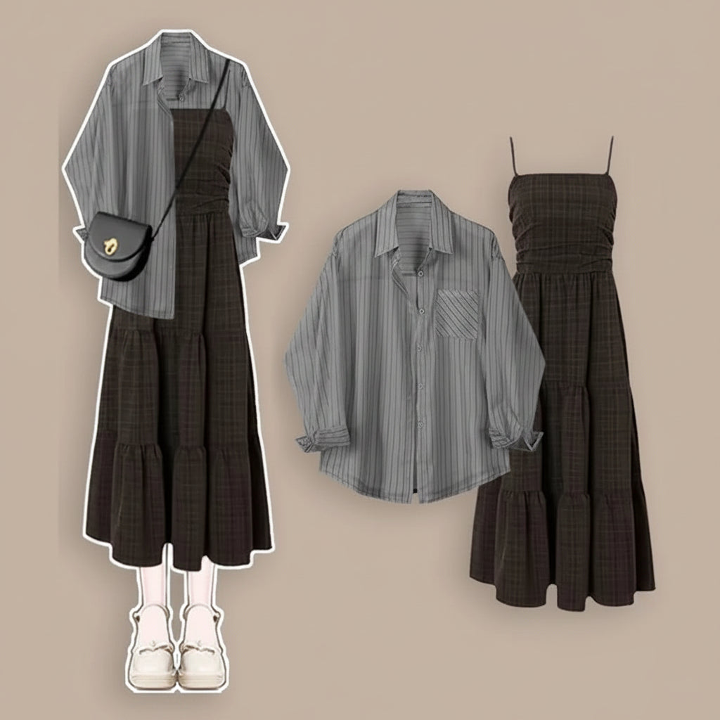 Women Summer Dress Matching Set Korean Elegant Striped - Vusy Kawaii Shop