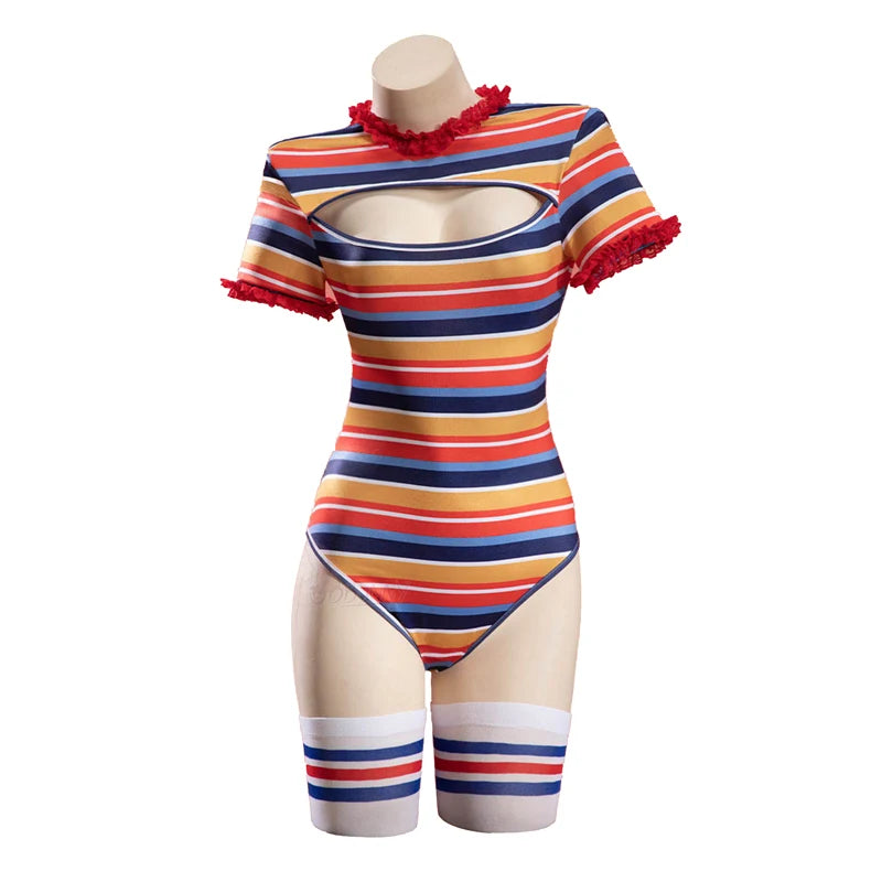 Front view of striped short sleeve bodysuit with striped socks for Bride of Chucky costume