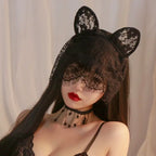 Black lace bunny ear headband with face mask veil, model front view