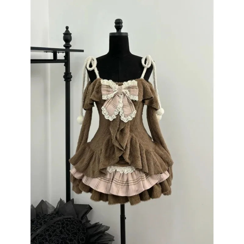 Knitted Suits Autumn Winter Woman V-Neck French Vintage Long - Vusy Kawaii Shop