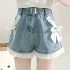 Summer Lolita Denim Shorts Teen Girls Kawaii Bow Lace Hem Women Wide Leg Jeans 2025 Korean Fashion High Waist Casual Short Pants