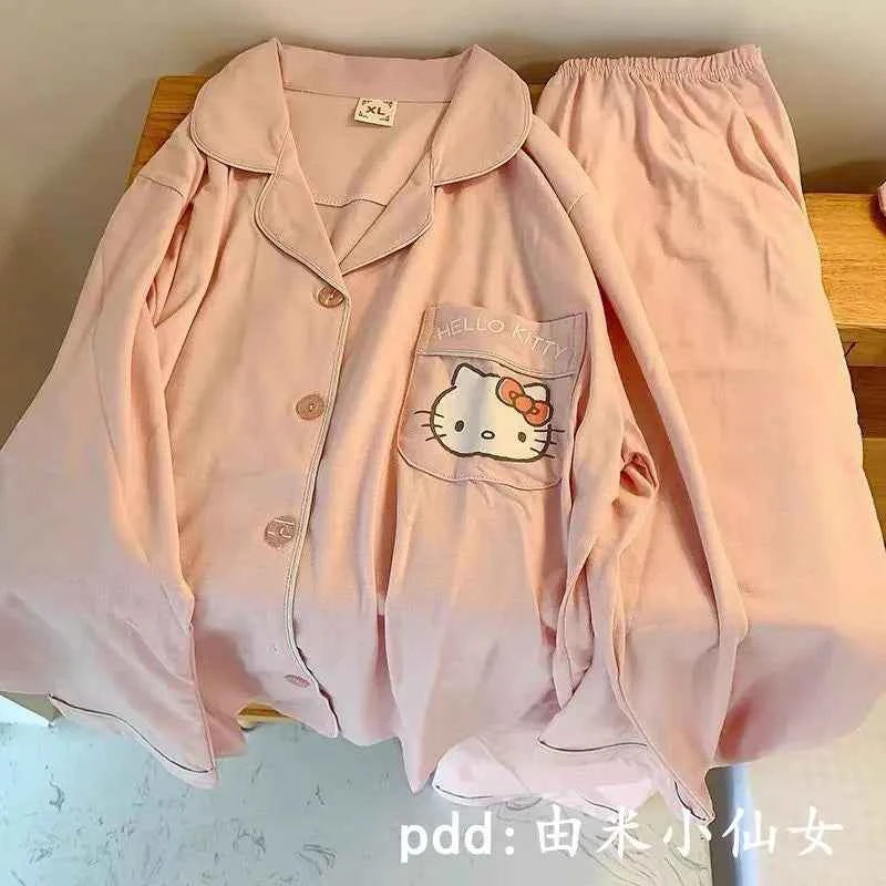 Kawaii Sanrios Hello Kitty Women's Pajamas Set Anime Cartoon Students Autumn Winter Polyester Long Sleeved Girls Nightwear Gift