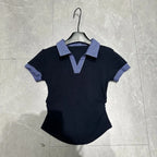 Summer Constrast Color Plaid Turn Down Collar Slim Waist T - Vusy Kawaii Shop