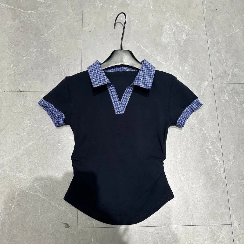 Summer Constrast Color Plaid Turn Down Collar Slim Waist T - Vusy Kawaii Shop