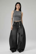 Jean droit vintage taille haute usé noir avec graffitis