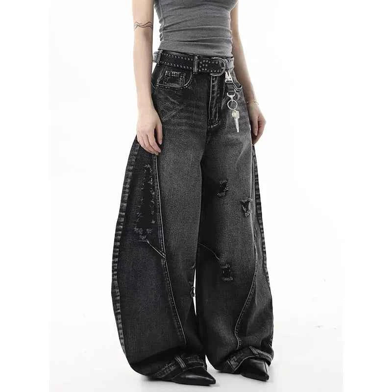 Y2K Black Graffiti Worn Out Womens Jeans High Waist Vintage Straight Baggy Denim Pants Street American Wide Leg Denim Trouser