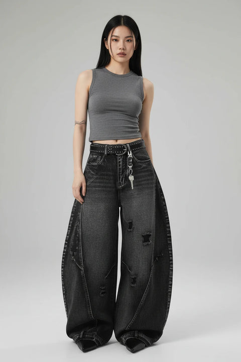 Y2K Black Graffiti Worn Out Womens Jeans High Waist Vintage Straight Baggy Denim Pants Street American Wide Leg Denim Trouser