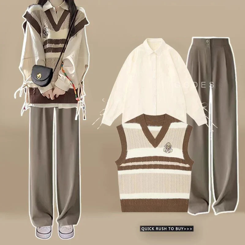 Preppy Kawaii 3-Piece Set Knit Vest, Bandage Shirt - Vusy Kawaii Shop