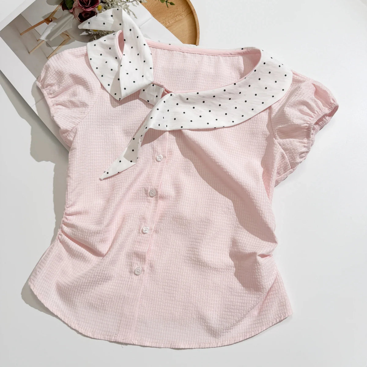Women's Sweet Polka Dot Bow Collar Top & Mini Skirt Set
