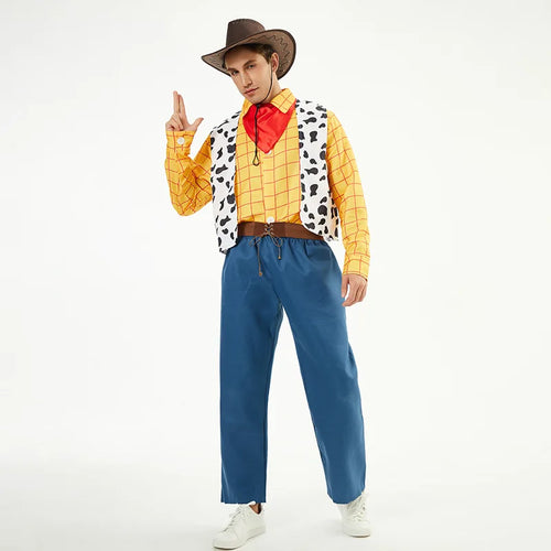 Woody cowboy cosplay costume with hat and vest on model, front view