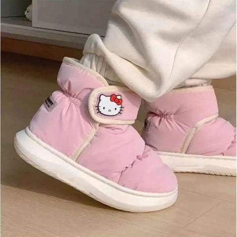 Sanrios Hello Kittys Plush Winter Fashion Outdoor Cotton Shoes Women Warm Waterproof Velcros Cute Shoes Soft Snows Boots Girls