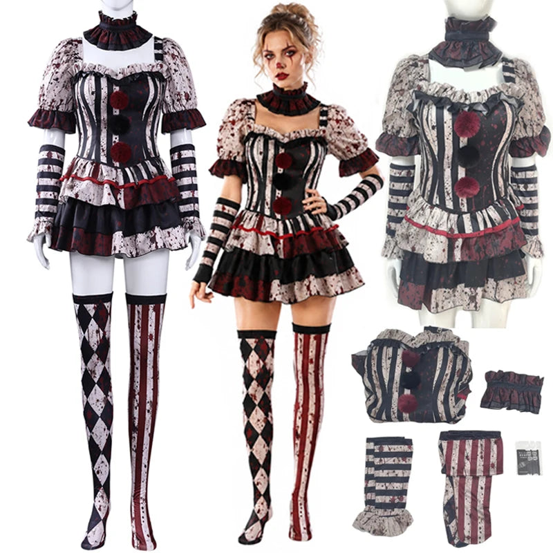 Bloody clown jester costume collage: mannequin front view, model wearing it, flat lay pieces