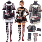 Bloody clown jester costume collage: mannequin front view, model wearing it, flat lay pieces
