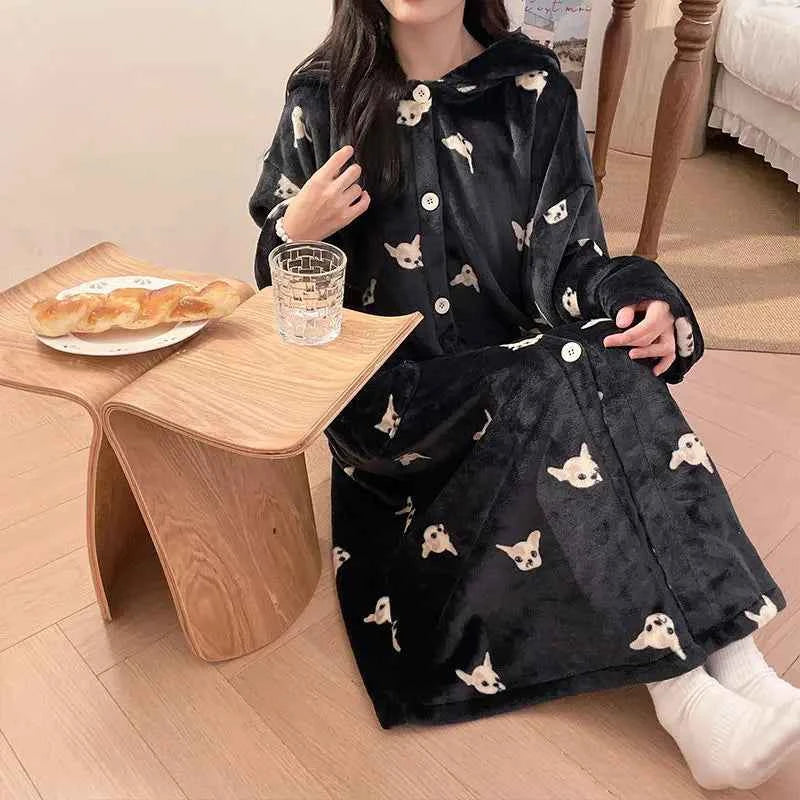 Anime Sanrios Robes Kawaii Hello Kittys Women Autumn Winter Flannel Hooded Pajamas Warm Cartoon Home Clothes Oversize Night-Robe