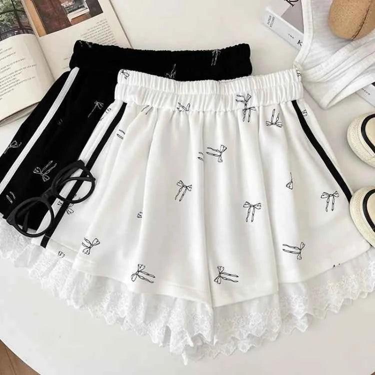 Lace Patchwork Bow Shorts Summer Elastic Waist Short Pants