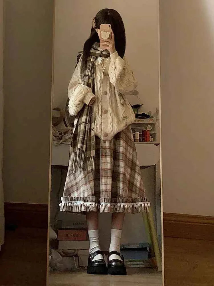 Japanese Sweet Woolen Plaid Skirt Autumn and Winter Grid
