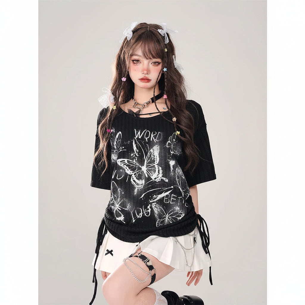 Butterfly Secret Realm Black Short Sleeved T-Shirt Loose - Vusy Kawaii Shop