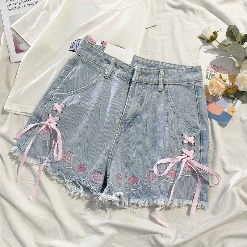 Japanese Sweet High Waist Embroidery Tied Bow Denim Shorts