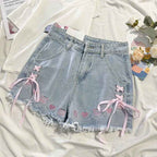 Japanese Sweet High Waist Embroidery Tied Bow Denim Shorts