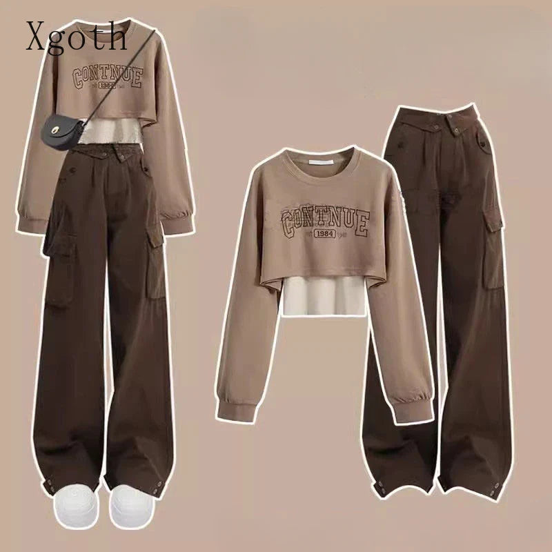 Pants Sets O Neck Letter Printed Short Sweatshirt Tank Top - Vusy Kawaii Shop