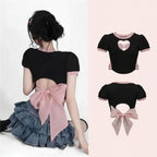 Skirt Set Bow Tie Love Hollow Out Crop Top Denim Ruffled - Vusy Kawaii Shop