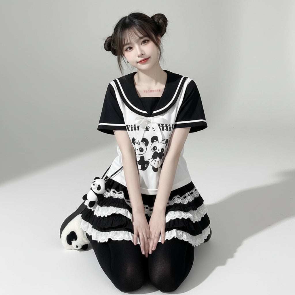 Aesthetic Preppy Short Sleeve T-Shirts Contrast Color Salior - Vusy Kawaii Shop