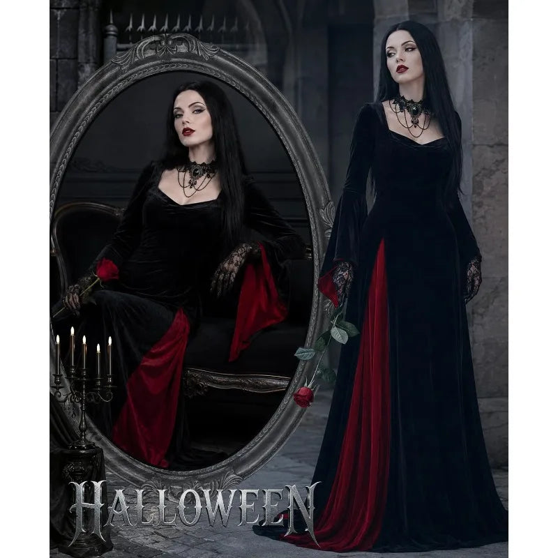Morticia Addams black velvet gown on model with mirror, front view