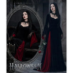 Morticia Addams black velvet gown on model with mirror, front view