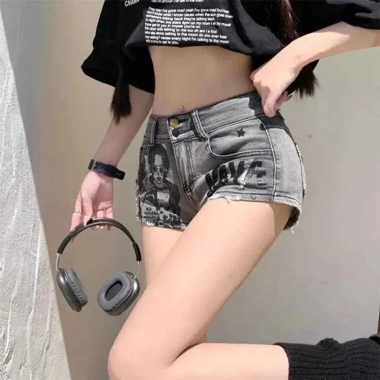 Street Graffiti Denim Gray Shorts High Waist A-Line Skirts