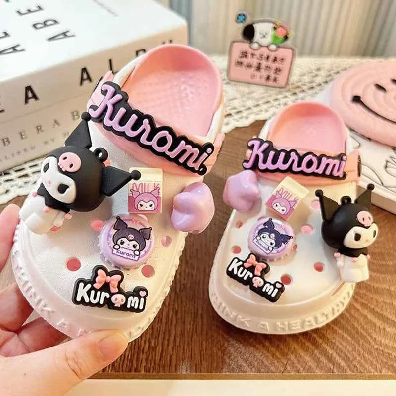 Sanrioed Anime Kuromi Shoes Cartoon Accessories Non Slip Hole Slippers Women Hello Kittys Outside Wear Summer Thick Girl Sandals