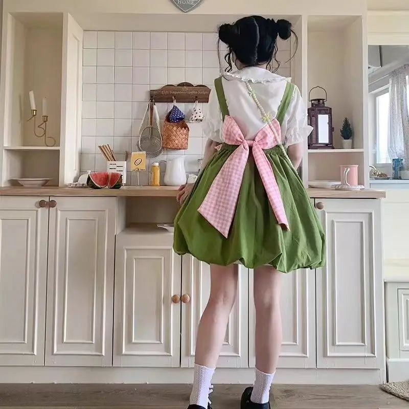 Japanese Summer Slim Waist Bow Strap Flower Bud Dress - Vusy Kawaii Shop
