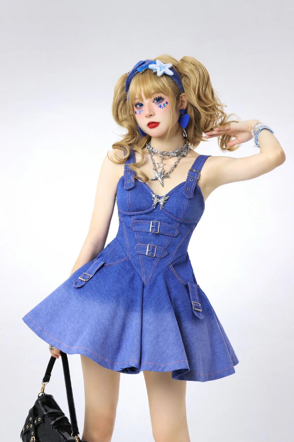 Japanese Gradient Slim Fit Denim JSK Dress Women V-Neck Crop - Vusy Kawaii Shop