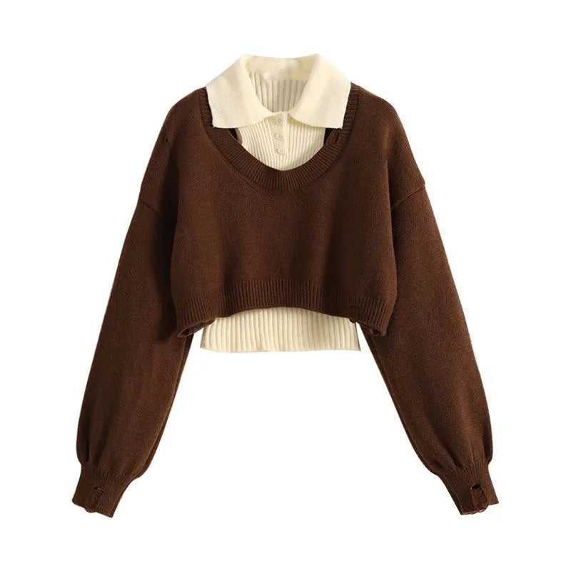 Brown Cropped Sweater Polo and Wide Leg Jeans Set, brown cropped knit sweater layered over cream polo, flat lay