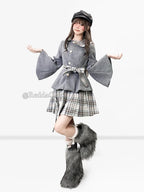 Gray plaid tweed jacket with pleated mini skirt, jirai kei preppy style
