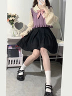 Chic Fashion Ruffled Patchwork Women Sweaters Vest and Bow - Vusy Kawaii Shop